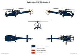 The last, most recent scheme, overall Glossy Blue RAL 5010 with white serials, applied on the last four remaining operational Dutch Alouette's, used for the so called Royal Flight.